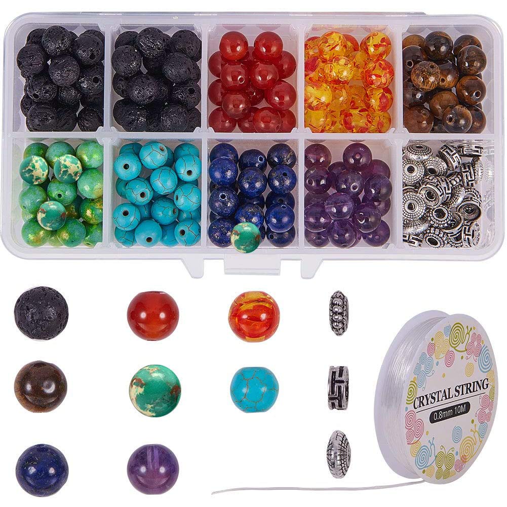 SUNNYCLUE 110pcs+ 10mm Natural 7 Chakra Lava Stone Beads Round Loose Beads Kit Spacer Beads with Crystal Strings for Essential Oil Jewellery Making
