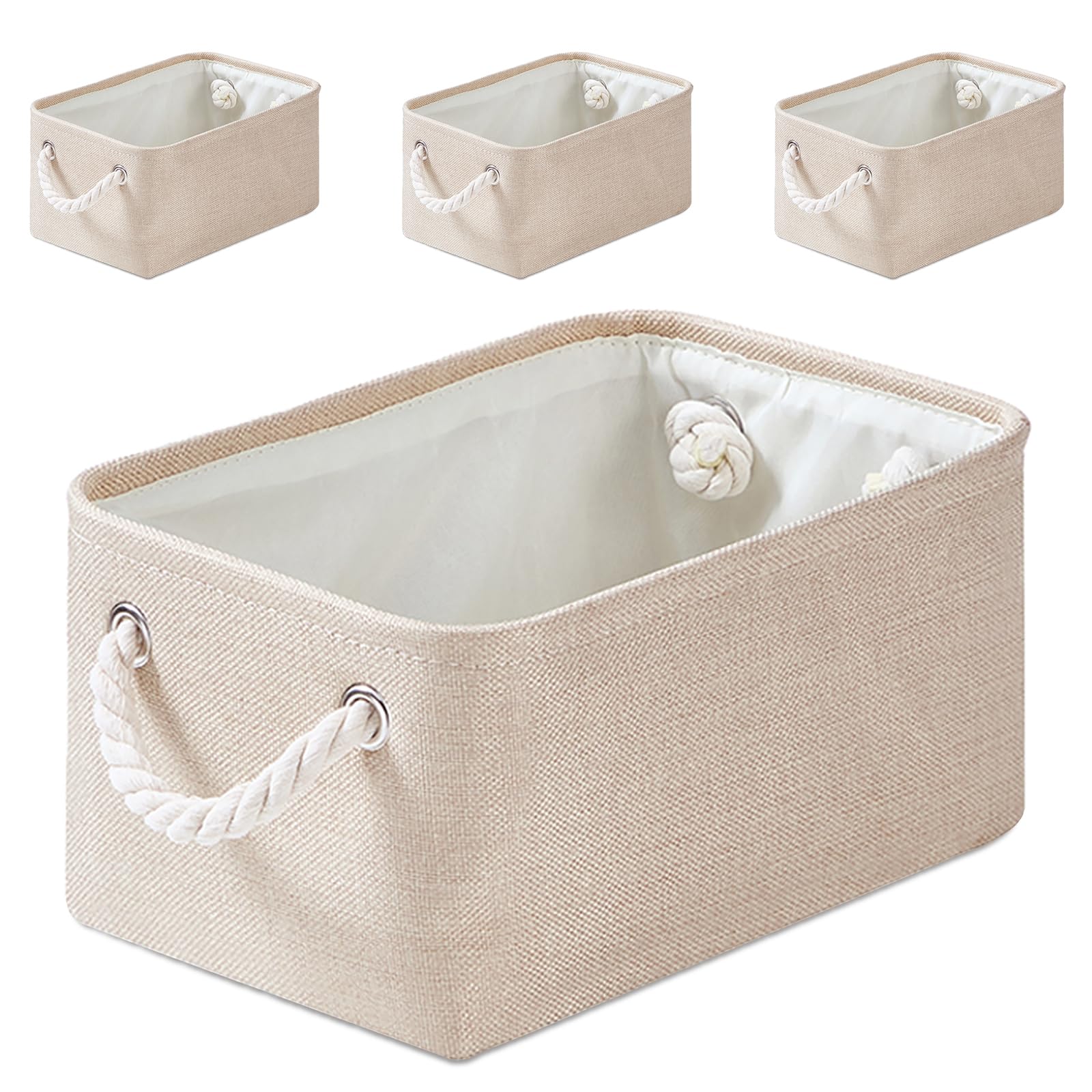 Mangata Small Soft Linen Storage Boxes, Multi-Size, Rectangular Organiser Baskets for Shelves, Toys, and Clothes, 4 Pack, 31x21x16 cm(Light Khaki, S)