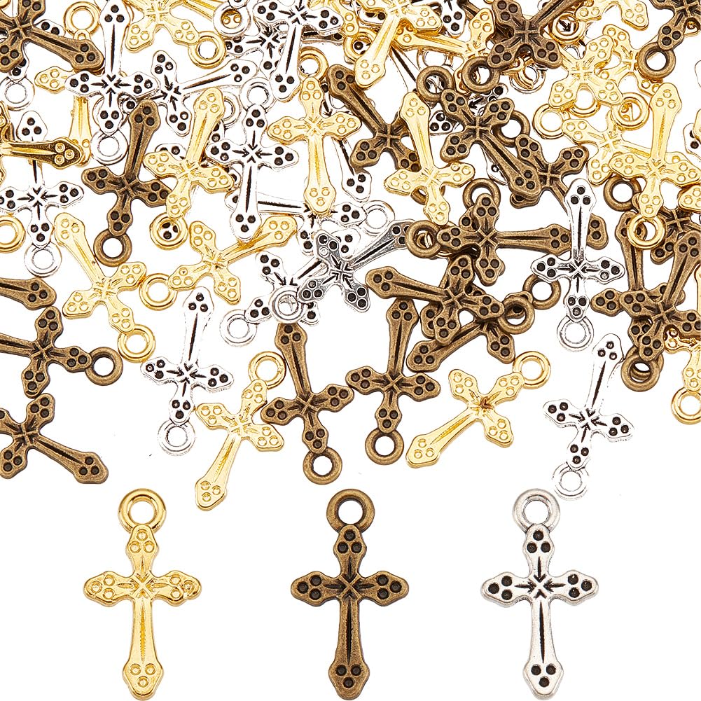 SUNNYCLUE 1 Box 120Pcs 3 Styles Alloy Cross Charms Bulk Gold Cross Charm Silver Tibetan Rosaries Holiday Small Center Crosses Dangle Charm for jewellery Making Charms DIY Necklace Earring Adults Craft — image 1