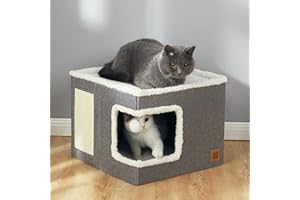 CATBOAT Cat Bed for Indoor Cats Cube House, Covered Cat Cave Beds & Furniture with Scratch Pad and Hideaway Tent, Cute Modern Cat Condo for Multi Small Pet Large Kitten Kitty, Light Grey