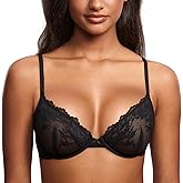 DOBREVA Women's Lace Mesh Bra Sexy Sheer Plus Size Unlined Plunge Underwire Bras See Through