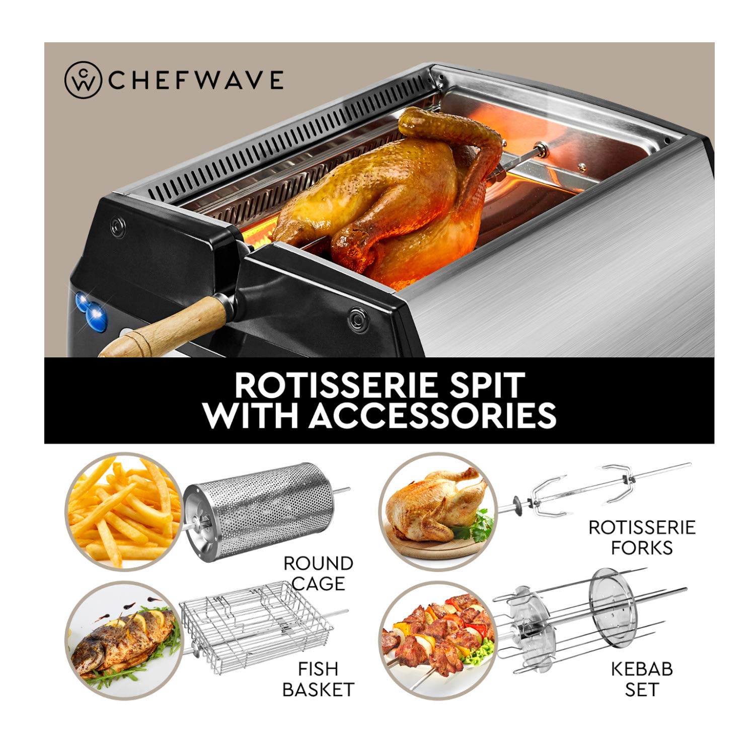 ChefWave Smokeless Indoor Electric Grill & Rotisserie 5 in 1 NonStick