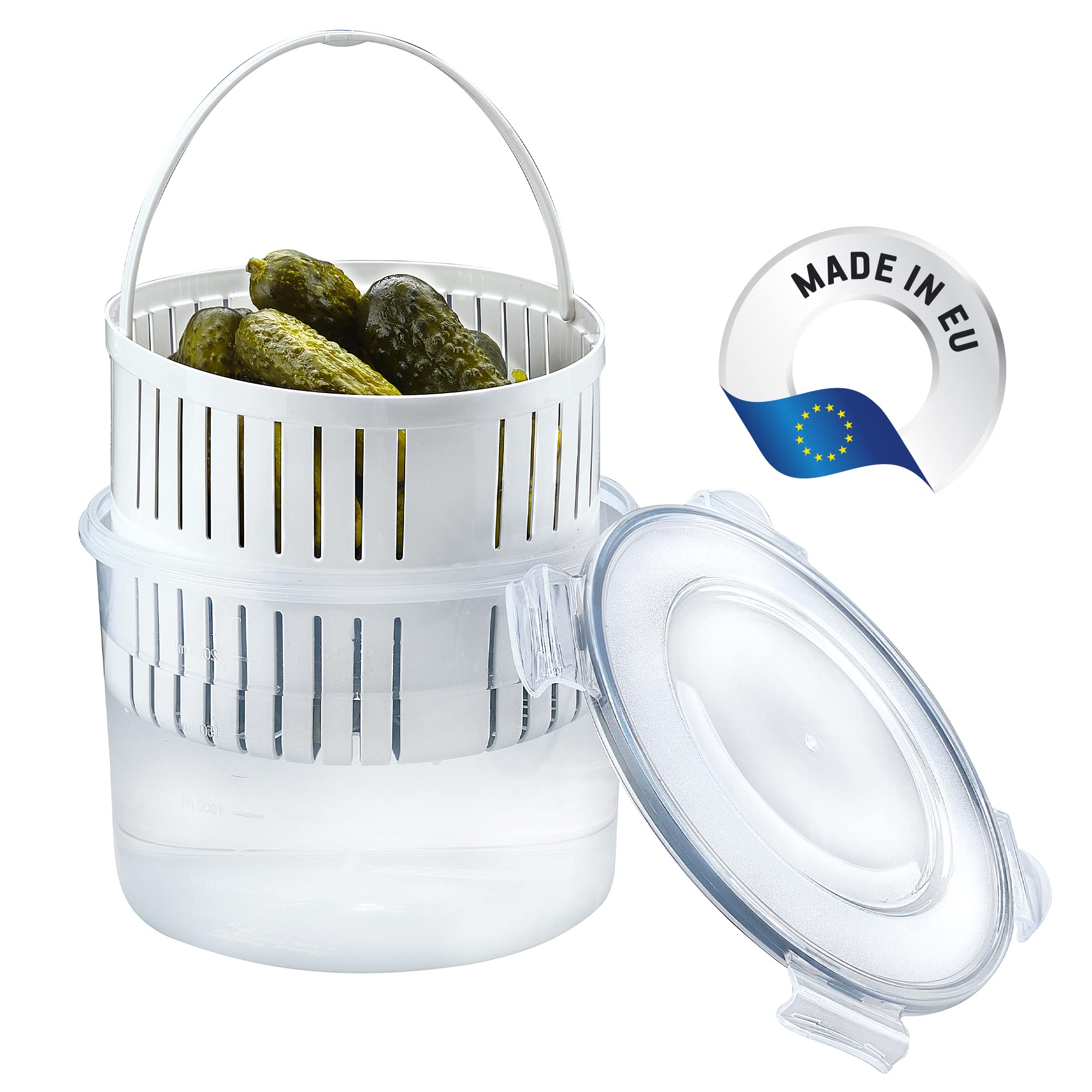 CRYSTALIA 2500ml Large Pickle Jar with Strainer 100% BPA FREE Pickle Container with Strainer, Pickle Holder Lifter Bucket of Pickles Barrel of Olive Jalapeno Leak Proof and Lock It Lid Pickle Strainer