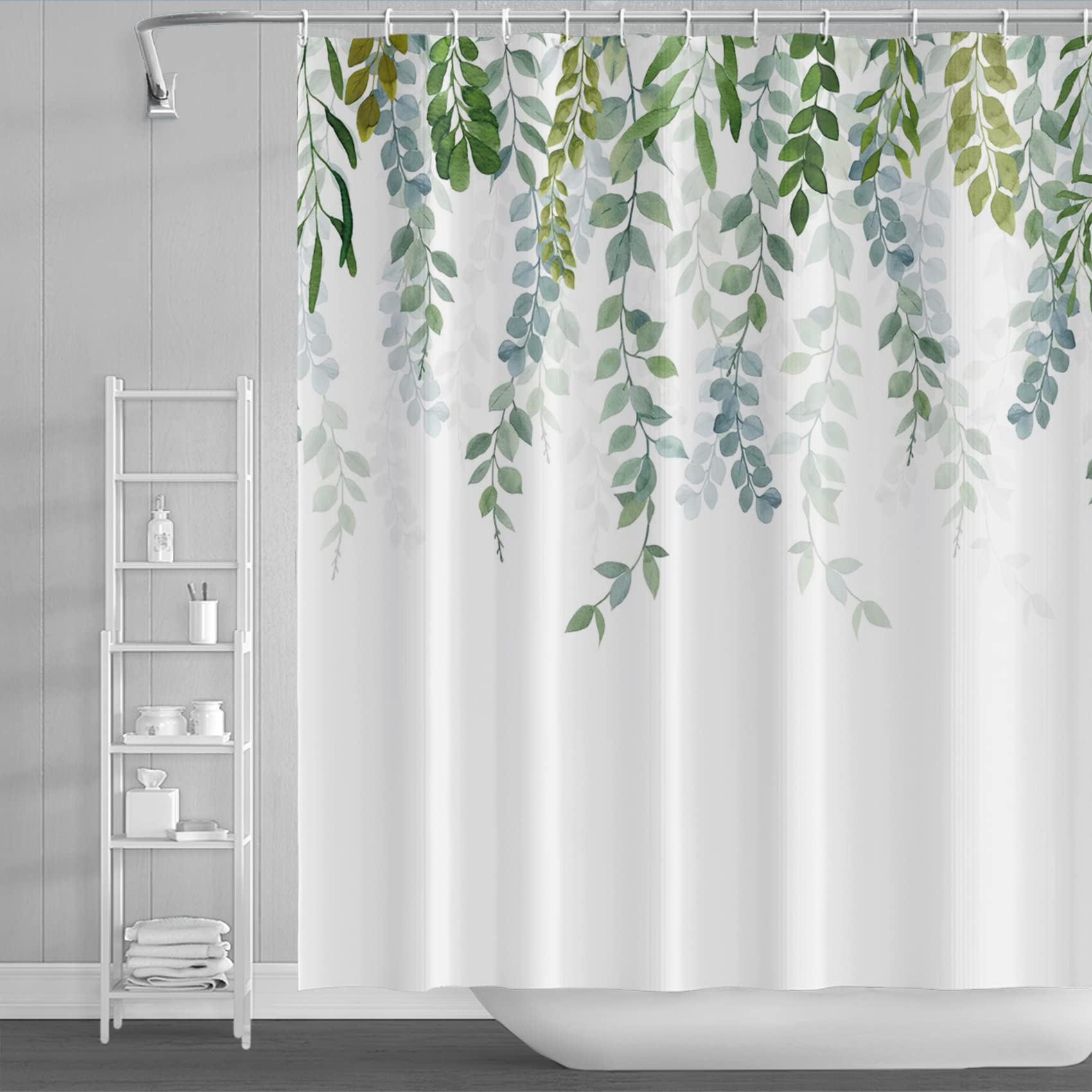 MIRRORANG Shower Curtain, Sage Green Shower Curtain for Bathroom,Waterproof Quick-Drying Fabric Plant Shower Curtain Set with 12 Hooks,183x183cm