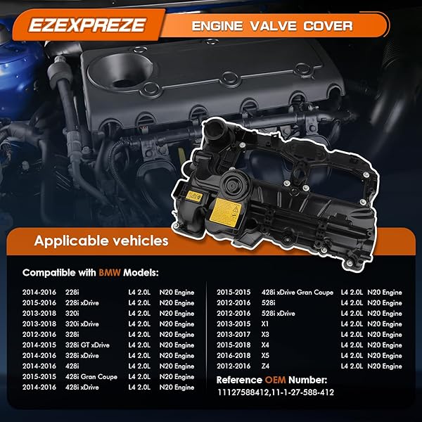 EZEXPREZE 2.0L TURBO N20 ENGINE VALVE COVER WITH OIL FILLER CAP & GASKET & BOLTS COMPATIBLE WITH 2012-2018 BMW 228I 320I 328I 428I 528I X1 X3 X4 X5 Z4 (INCLUDED GT/XDRIVE)