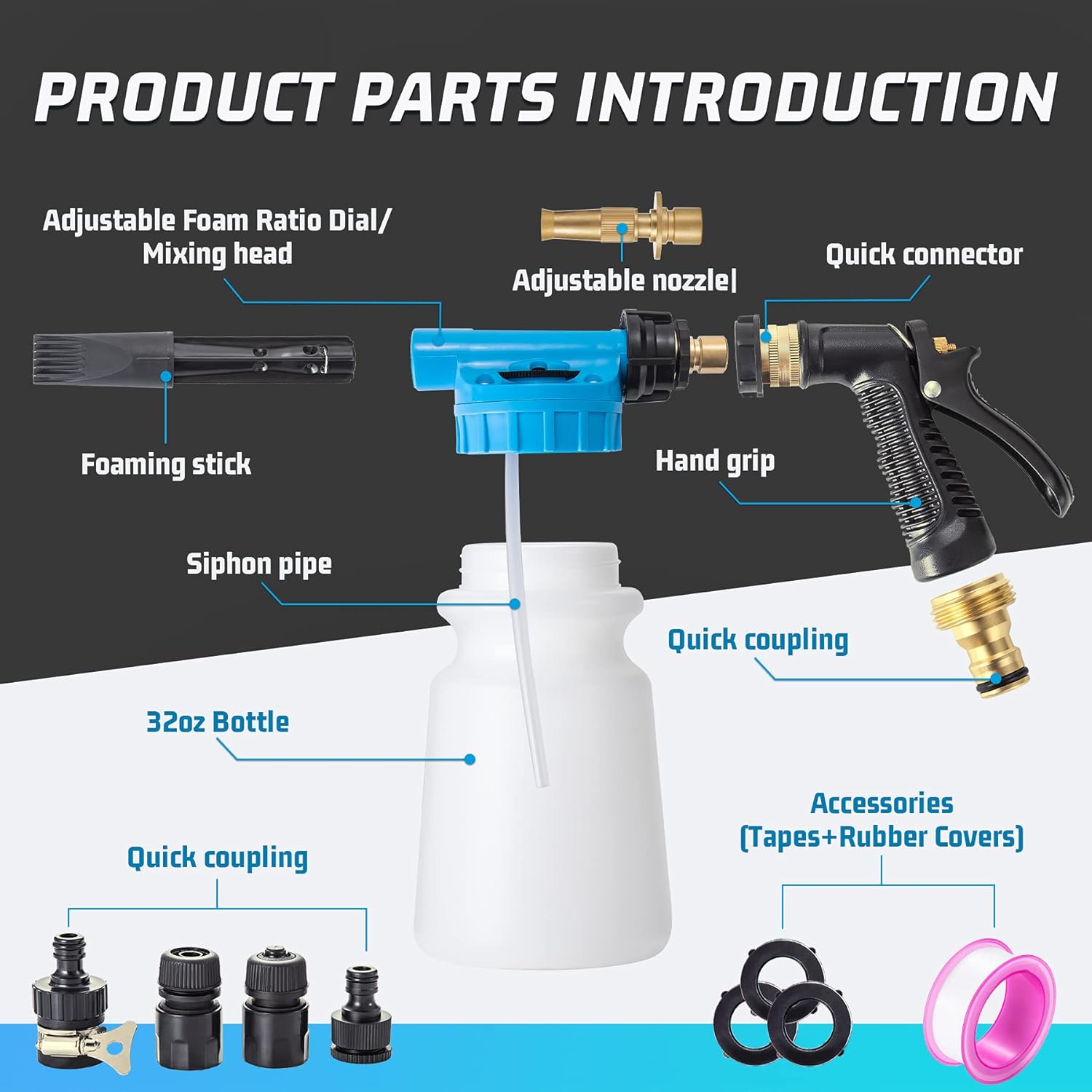 INGOFIN Car Wash Foam Cannon Gun for Garden Hose - Car Wash Foam Soap Sprayer Snow Foam Blaster with Metal Handle,Adjustable Nozzle,6 Level Ratio Dial,Washing Mitts,Quick Connector to Any Garden Hose: Automotive