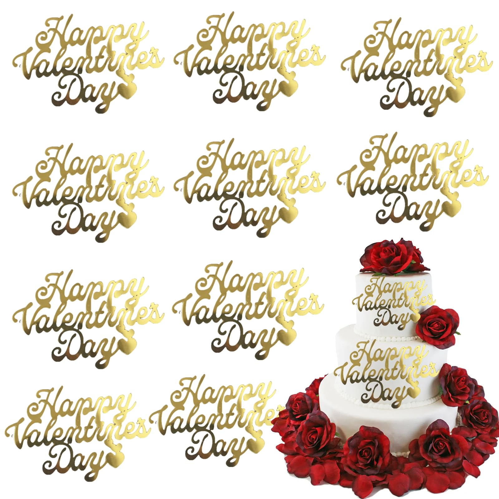 Photo 1 of 10 Pcs Acrylic Minimalist Happy Valentine Day Heart Cake Topper Gold Wedding Cake Toppers Cake Decorations for Valentine's Day Anniversary Engagement Birthday Party Supplies