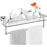 SFGSOWOR Glass Bathroom Shelf with Towel Bar, Stainless Steel Tempered Towel bar/Track Glass Bathroom Shelves Wall Mount Over