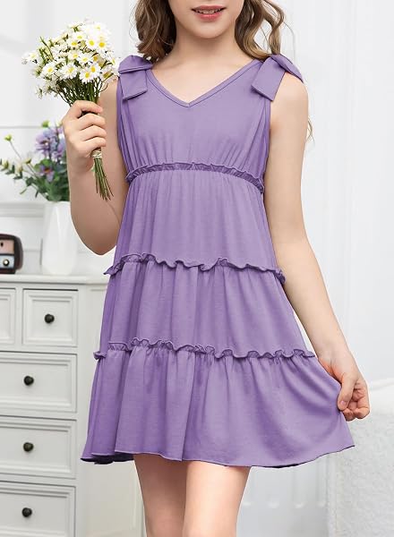 BLIBEAN TWEEN GIRLS SUMMMER DRESSES BIG KID BOHO TIERED CASUAL SOLID COLOR BEACH BOW SLEEVELESS SUNDRESS DRESSY CUTE RUFFLE OUTFITS SIZE 6-7 YEAR OLD LILAC PURPLE