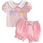 Saliuentm Toddler Baby Girl Easter Outfit Bunny Print Striped Doll Collar Puff Sleeve Shirt Tops with Shorts Set 2Pcs