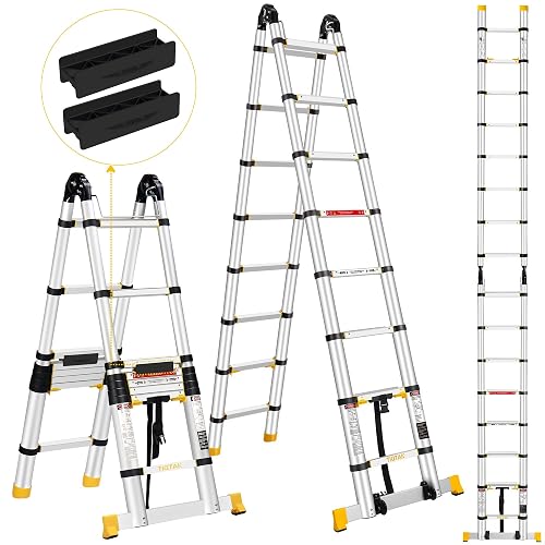 TIQTAK One Button Retractable A Frame Extension Ladder 18.4 ft with ...