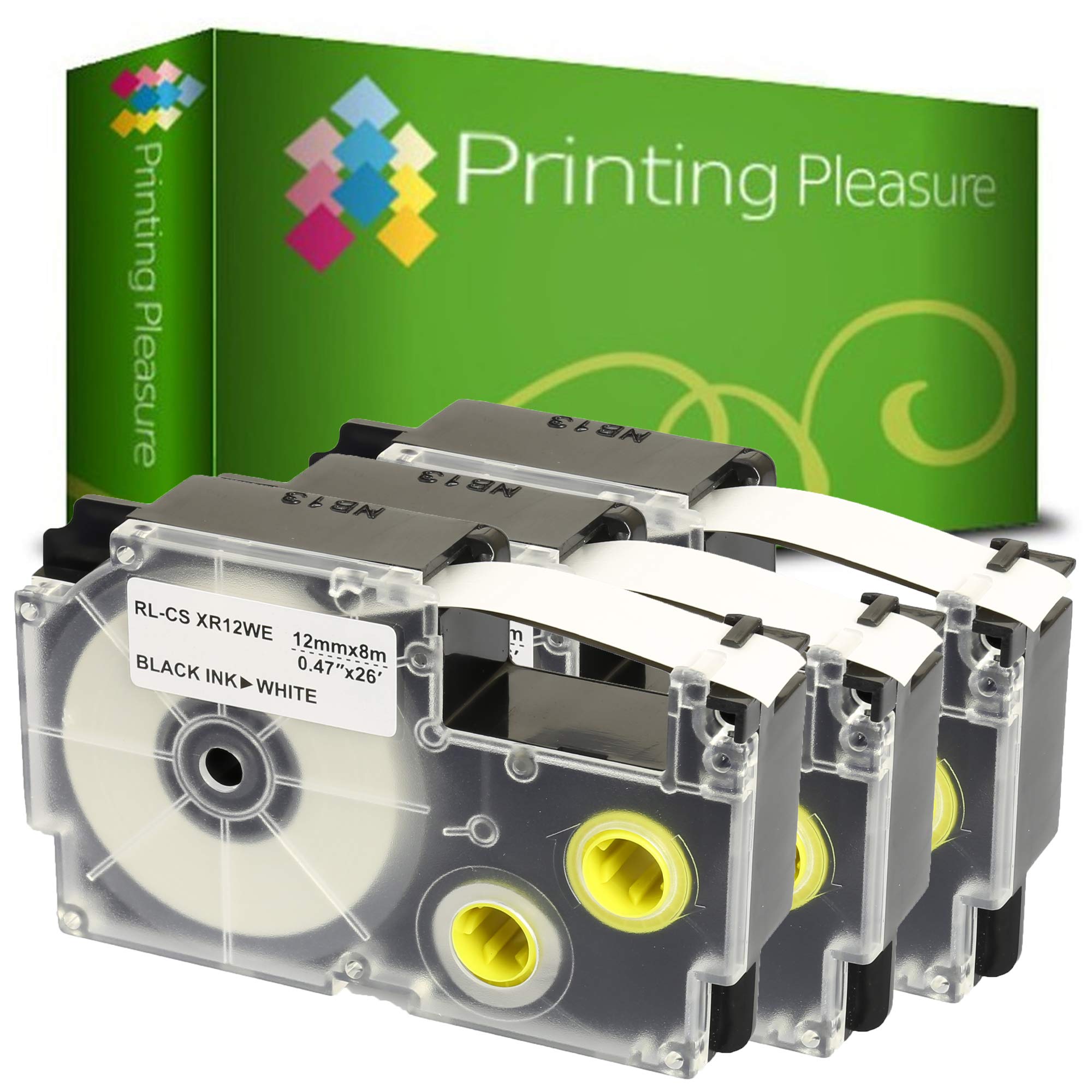 Printing Pleasure 3 x XR-12WE XR-12WE1 Black on White Label Tapes Compatible with Casio KL-60 KL-100 KL-120 KL-200 KL-300 KL-750 KL-780 KL-820 KL-2000 KL-7000 KL-7200 KL-8100 | 12mm x 8m | Ribbon