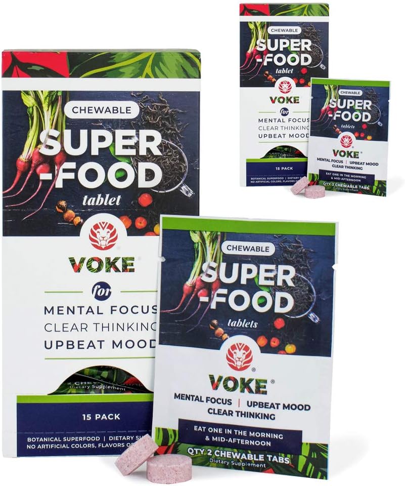Voke Energy | Jitter-Free, All-Day Packs for Energy, Mental Focus, Upbeat Mood and Clear Thinking | 60 Chewable Superfood Tablets with Vitamin C Antioxidants | 30 Day Supply: Health & Personal Care