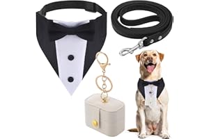 Locmeo 3 Pcs Dog Wedding Collar Outfit Include Dog Tuxedo Attire Wedding Ring Bearer Ring Holder Pouch Box Adjustable Pet Neck Bow Tie with Leash(Suit)