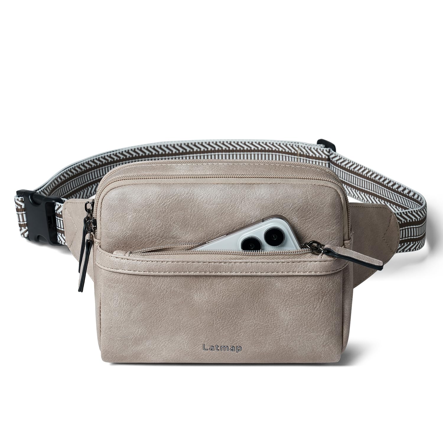 LATMAP 3L Fanny Pack Bumbags for Women Men 4-Zipper Pockets Belt Bag Sling Waist Pack Faux Leather Chest Bag Greyish