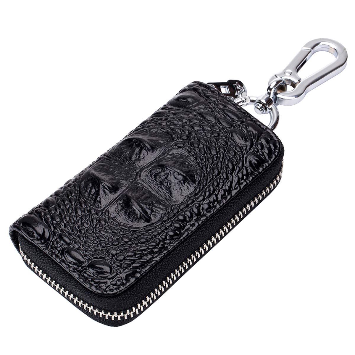 Aileder Key Case Wallet Crocodile Leather Key Holder Car Keychain Key Case with 6 Hooks, Card Slots/Car Key Ring/Zipper for Men Women (Black)