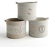 RGI Home Decorative Storage Baskets with Safari Animal Prints – Set of 3 Round Fabric Rope and Linen Organizer Bins for Nursery or Playroom, Multi-Sized with Easy-Carry Handles, Ivory, Tan, and Linen