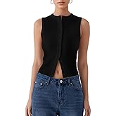 Women’s Button Down Tank Tops Sleeveless Ribbed Crop Summer Button Up Crewneck Vest Shirt Going Out Slim Fit Tops