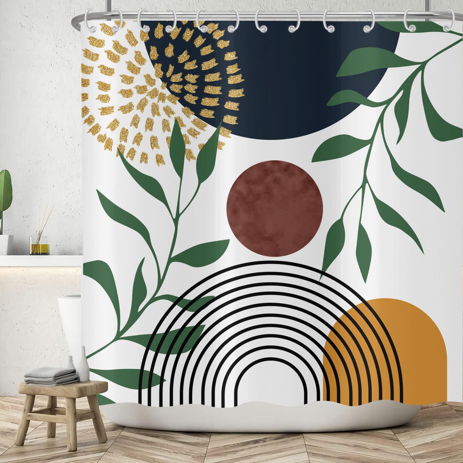 ASDCXZ Boho Shower Curtain 180x180 cm, Modern Abstract Art Boho Style Brown Sun Green Leaves White Bath Washable Shower Curtains Polyester Textile Waterproof Bath Curtain for Bathtub with 12 Hooks — image 1