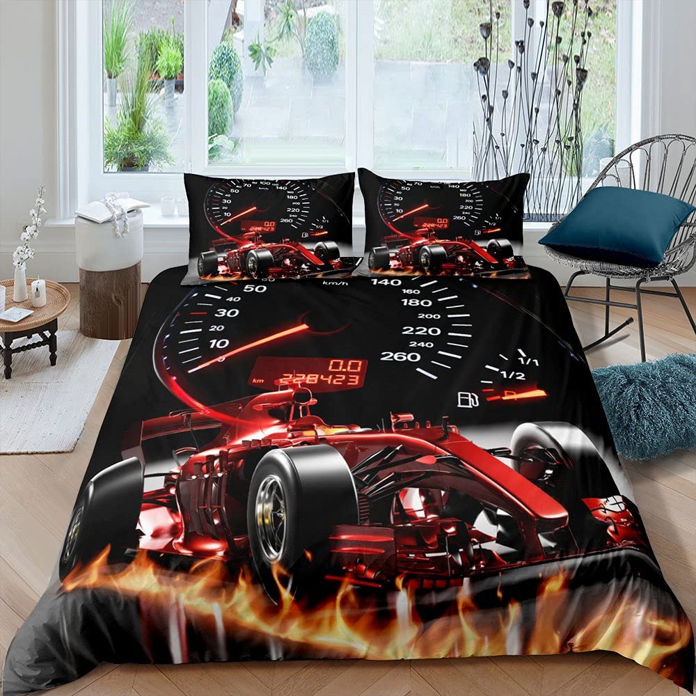 Loussiesd Sports Car Duvet Cover Set Formula Race Car Bedding Set for Kids Boys Girls Extreme Sports Comforter Cover Cool Speed Red Bedding & Linen 3Pcs Double Size