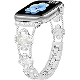 Sixmoat Bands Compatible with Apple Watch Band for Women 38mm 40mm 41mm 42mm 44mm 45mm 46mm 49mm, Bling Bracelet Designer Dressy Clover for iWatch Band Series SE Ultra 11 10 9 8 7 6 5 4 3 (Silver)