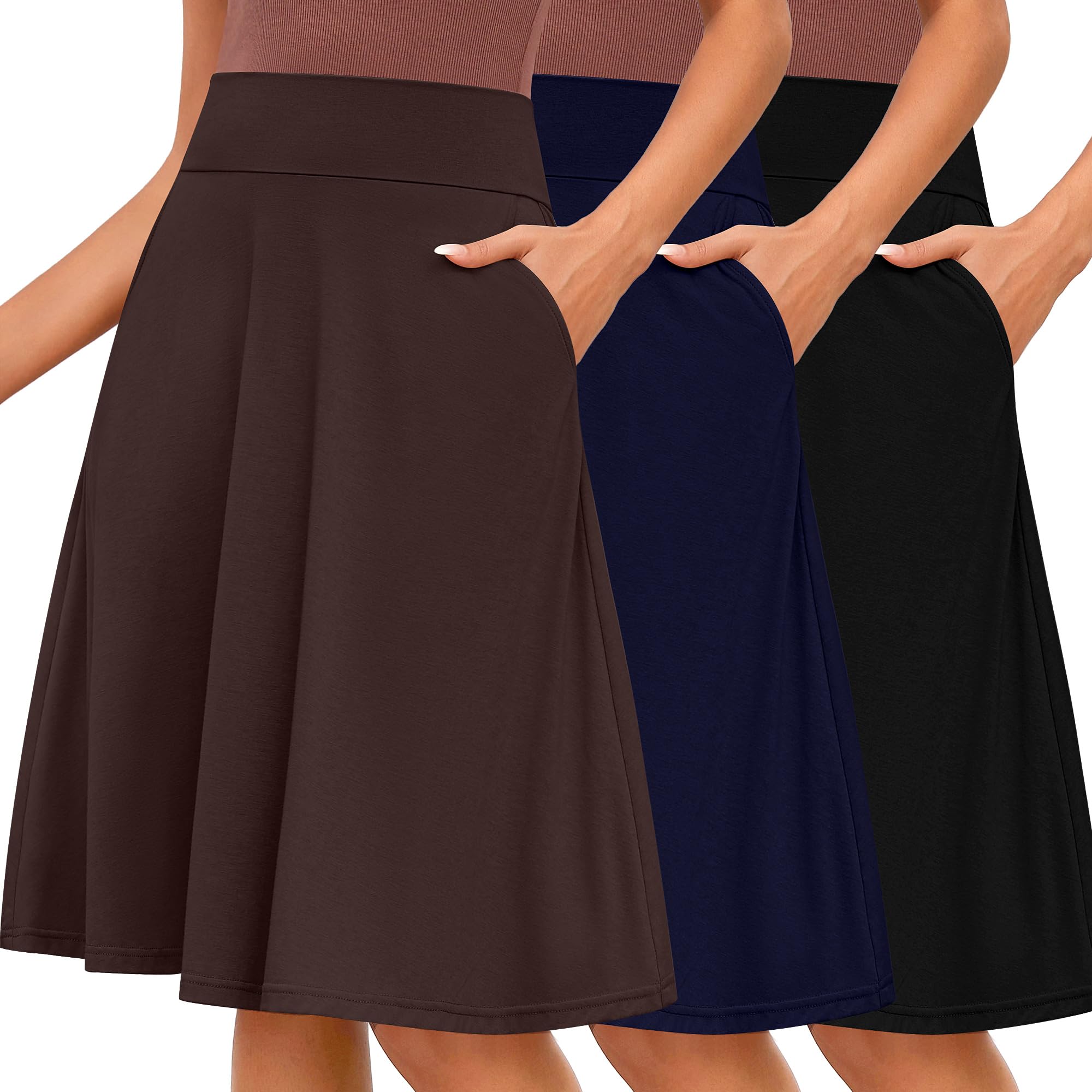 Photo 1 of (MISSING BLACK SKIRT) Riyiper 3 Pack Women's Midi Knee Length Skirts, Casual High Waist Flowy Flared a Line Summer Basic Pull-on Skirt with Pocket(Black, Navy Blue, Dark Brown,M)