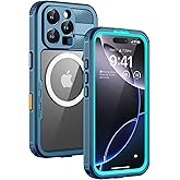 Lanhiem Magnetic for iPhone 16 Pro Case, IP68 Waterproof Dustproof Case, [Compatible with Magsafe] [Built-in Screen Protector] Full Body Heavy Duty Rugged Phone Cover 6.3 inch, Blue/Clear