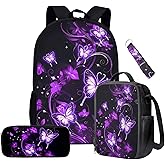 ASQVTIFE Purple Butterfly School Backpack and Lunch Bag Set for Teens Girls,4 Piece Butterfly Bookbag for Children Girls 8-12 Years Old Elementary Middle School Hiking Daypack with Side Pocket