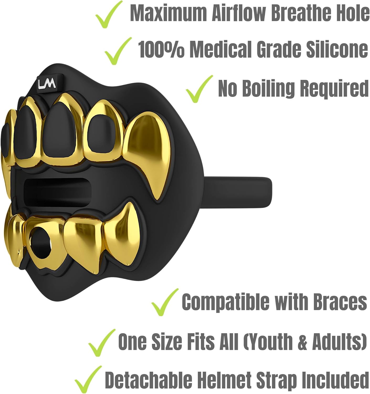 Loudmouth Football Mouth Guard | 3D Chrome Grillz Adult & Youth Mouth Guard | Mouth Piece for Sports | Maximum Air Flow Mouth Guards | Lip and Teeth Protector (3D Grillz - Chrome Black/Gold) : Sports & Outdoors