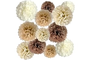 ZOOYOO Brown Paper Pom Poms, Caramel Party Decorations Boho Ivory Beige White Tissue Paper Pom Poms for Rustic Neutral Birthday Western Graduation Birthday Wedding Baby Shower 12PCS, Variety Pack