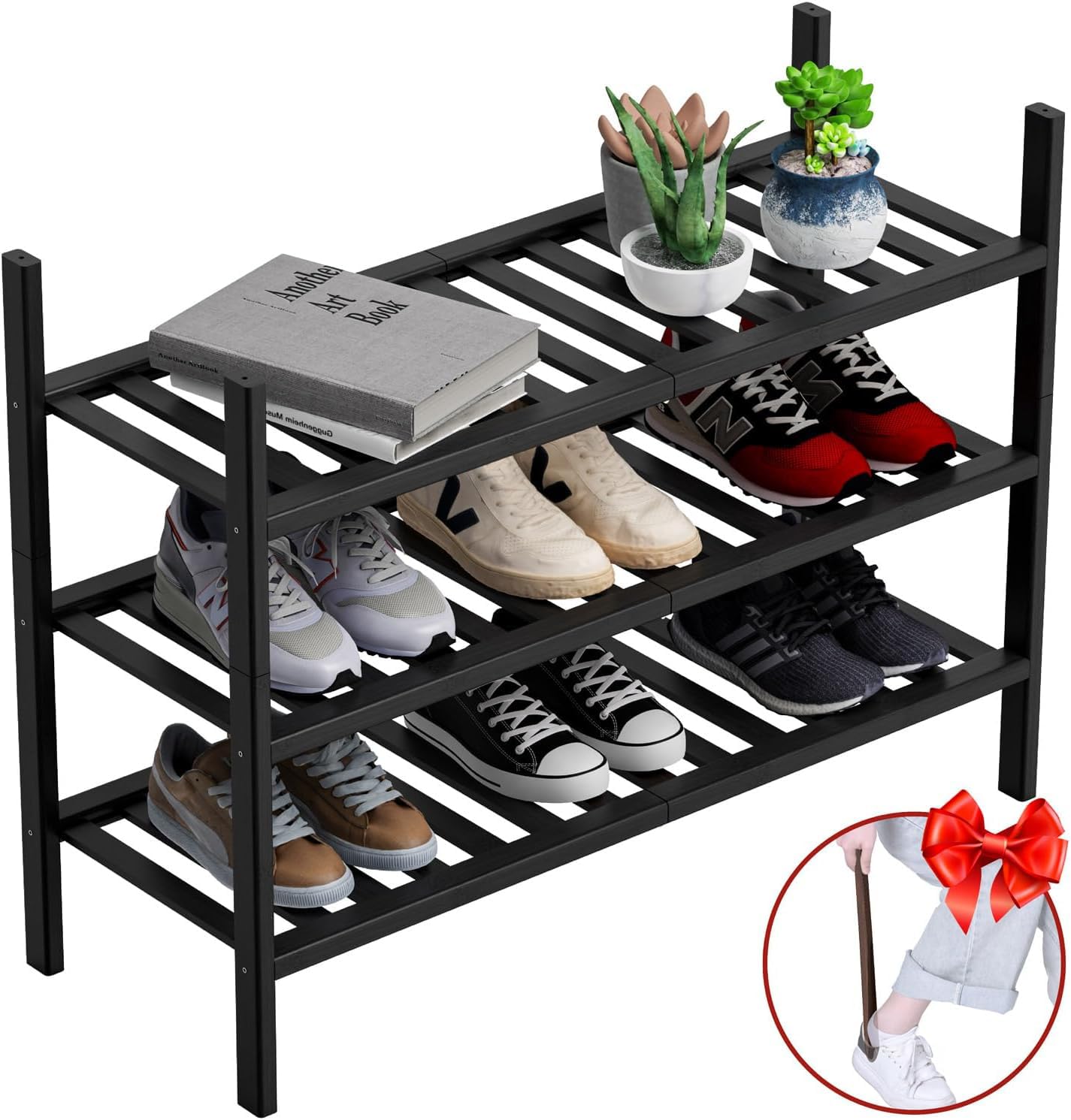 Photo 1 of VOPOG 3 Tier Shoe Rack for Front Door Entrance with Shoe Horn, Stackable Bamboo Shoe Shelf Organizer for Entryway, Hallway, Bathroom, and Closet - Black Newsize