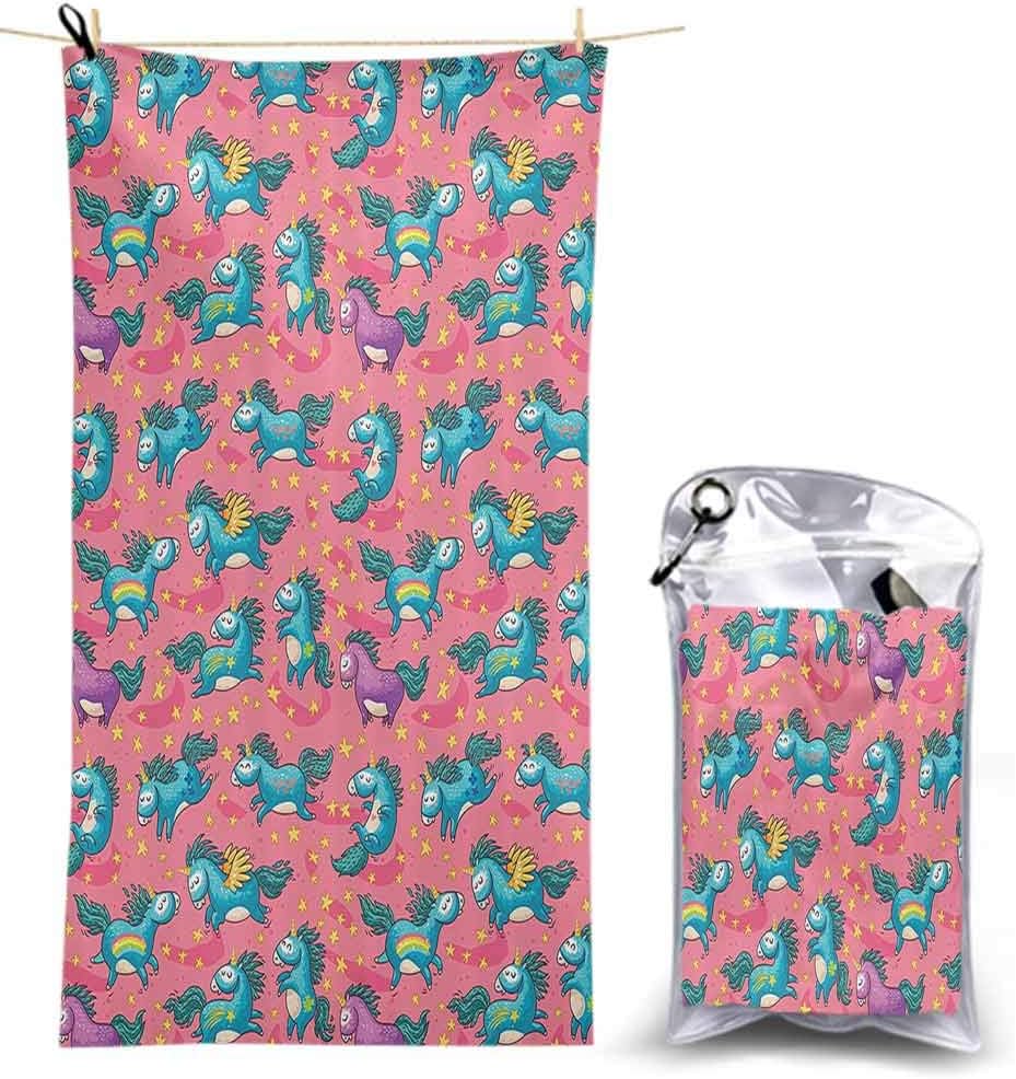 Magic Home Decor Collection, Quick Drying Lightweight Fast Dry Sand Free Towels, Mythical Flying Unicorns with Wings Rainbows and Stars Pattern Nu, Eco-Friendly Towels for Body, 63" x 31", Multi