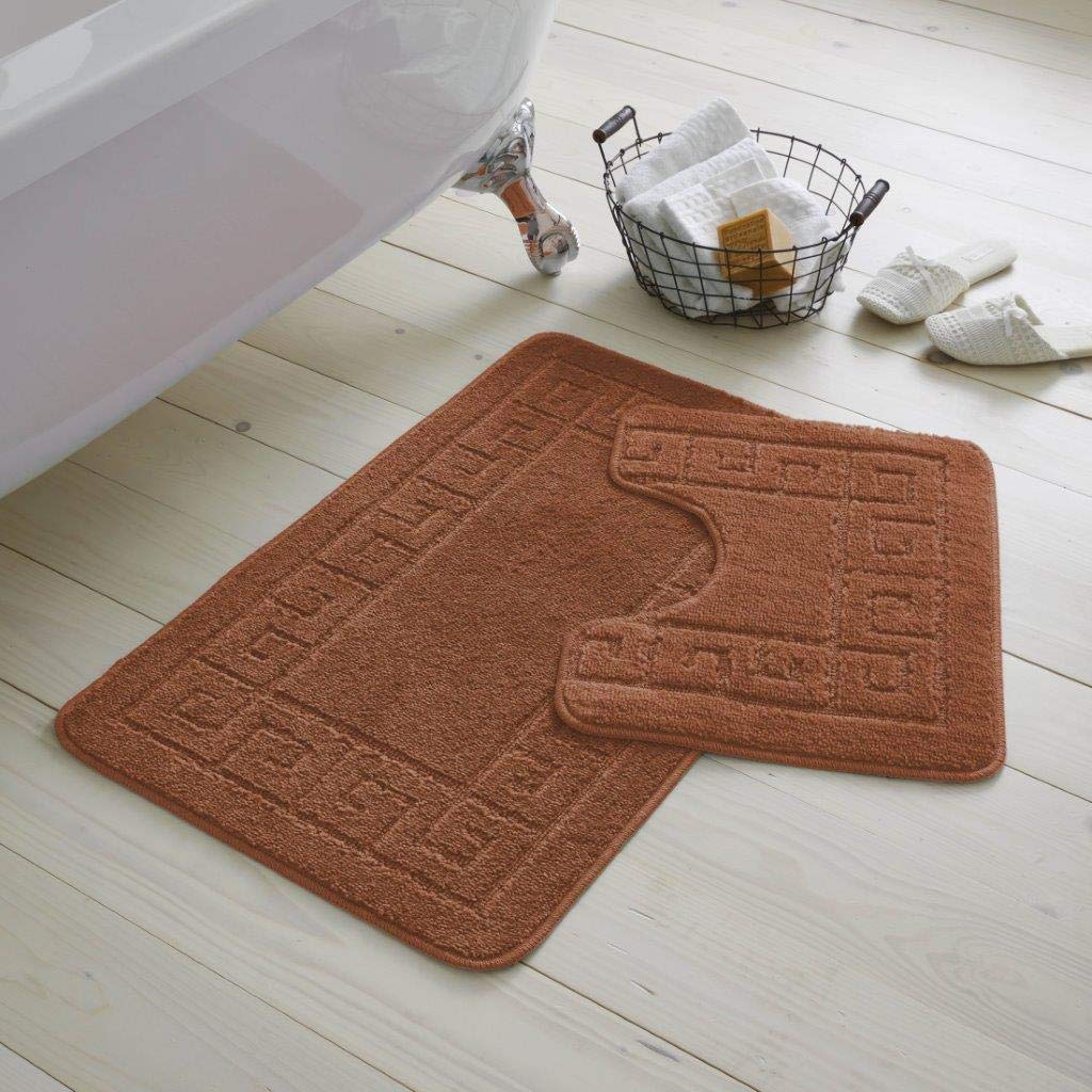 DL 2 Piece Greek Anti-Slip Bath Mat and Pedestal Set, Extra Absorbent 100% Polypropylene Bathroom Toilet Rug, Terracotta
