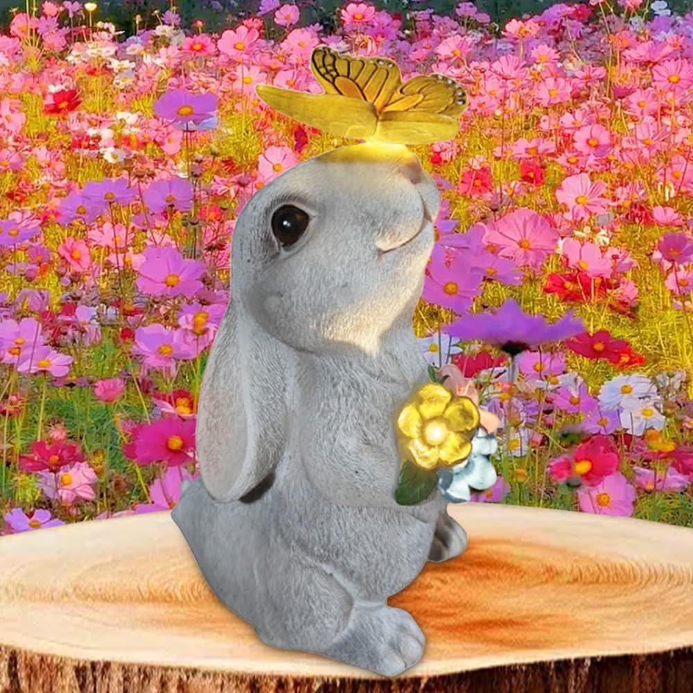 Hojalis Solar Rabbit Garden Ornaments Outdoor, Rabbit Solar Garden Ornaments, Easter Bunny Statue with Butterfly & Flowers, Waterproof Resin Animal Sculpture with Solar Lights for Home Yard Patio Lawn