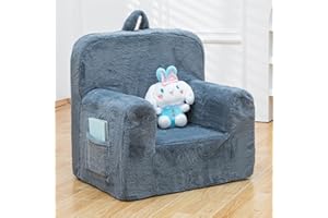 SUFUS Snuggly-Soft Cuddly Toddler Plush Armchair for Boys and Girls Fuzzy Plush Kids Sofa Couch Reading Chair with Children Friendly Handle for Easy Movement & Double Pockets for Storage, Dark Grey