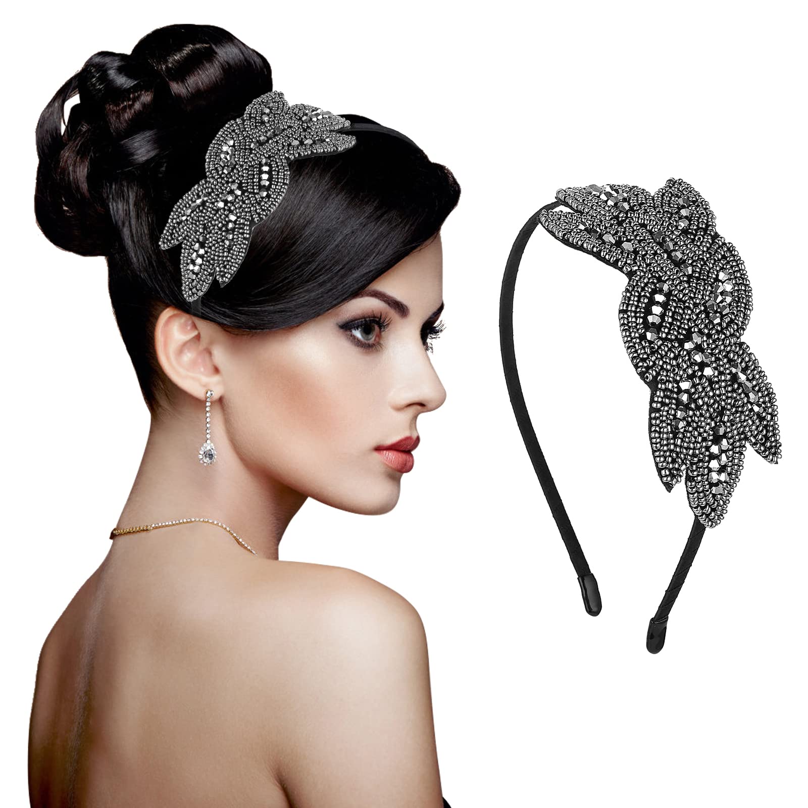 Sibba 1920s Headbands for Women Head Bands Accessories Crystal Bridal Wedding Black Headpiece 20s Rhinestone Flapper Vintage Hair Valentines Accessory for Girls Costume Prom Party Retro (Grey)