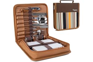 Vogano Picnic Set for 2 - Includes 16 Pcs, Portable Travel Utensils with Case, Reusable Camping Cutlery Plates, Stainless Steel of Spoons and Forks, for Hiking, Camp, BBQ, Gift (Brown)