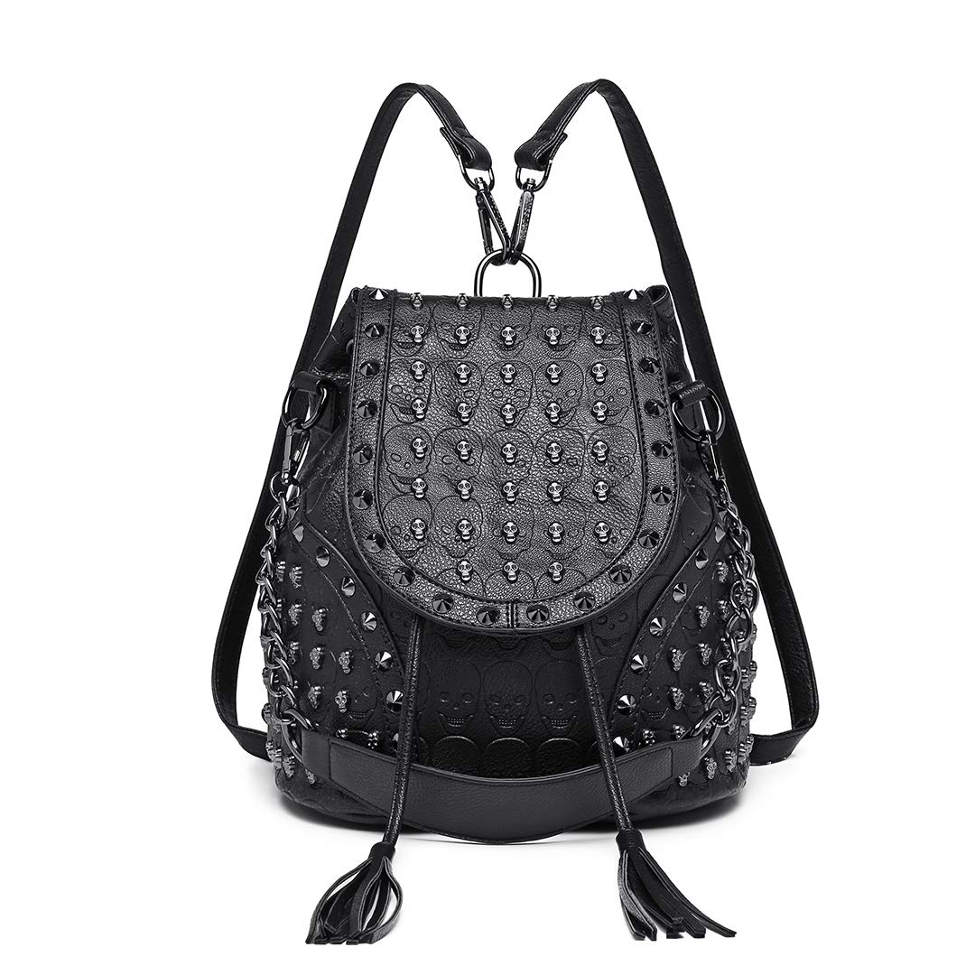 Miss Lulu Small Gothic Skulled Backpack Handbags for Women Shoulder Rucksuck with Chain Faux Leather Studded Embossed Skulls Tassels for Travel School