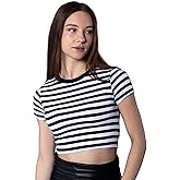 SITONI Women Crop Top Short Sleeve Slim Fit Crew Neck Striped Cotton Basic T-Shirt Trendy Comfy Sexy Streetwear Black, White