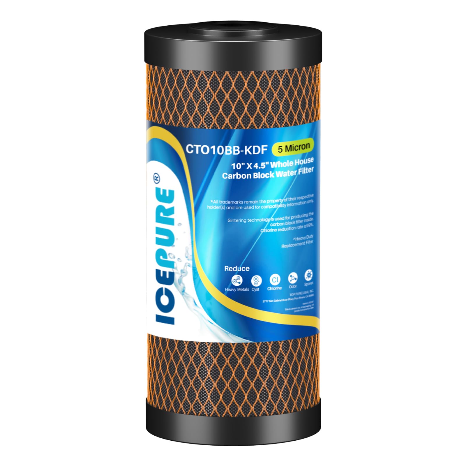 ICEPURE 5 Micron 4.5" x 10" CTO10BB-KDF Whole House Water Filter Coconut Shell Activated Carbon and KDF Replacement Cartridge Heavy Metal Removal Filter, 1PACK Image