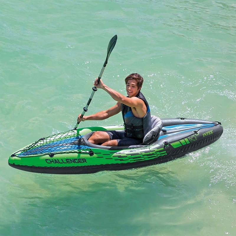 Challenger K1 Kayak 1 Man Inflatable Canoe with Aluminum Oars and Hand Pump, Green/Blue