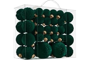 CRISTBEST Velvet Christmas Ball Ornaments - 46pcs Flocked Christmas Tree Decorations Set Assorted Shatterproof Hanging Ornaments with Loop for Xmas Holiday Home Decor, 3 Sizes (Dark Green)