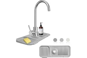MOODKEY Kitchen Sink Splash Guard Sponge Holder for Kitchen Sink Silicone Faucet Handle Drip Catcher Tray Sink Protector for Kitchen Sink Faucet Mat Fits the Faucet Tube within 2.5"(light grey,14.6'')