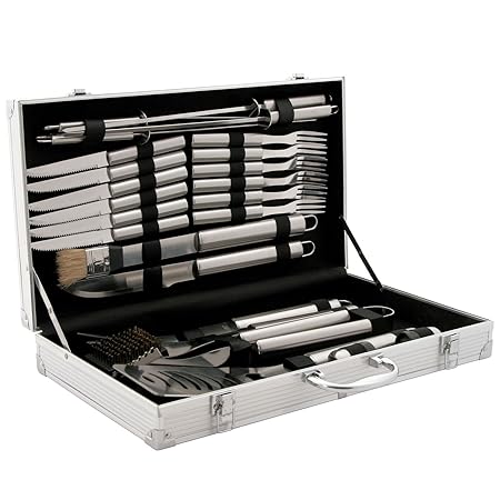 CampFeuer - Edelstahl Grillbesteck Set in 3 Varianten zur Auswahl, mit Aluminiumkoffer (24-teilig)