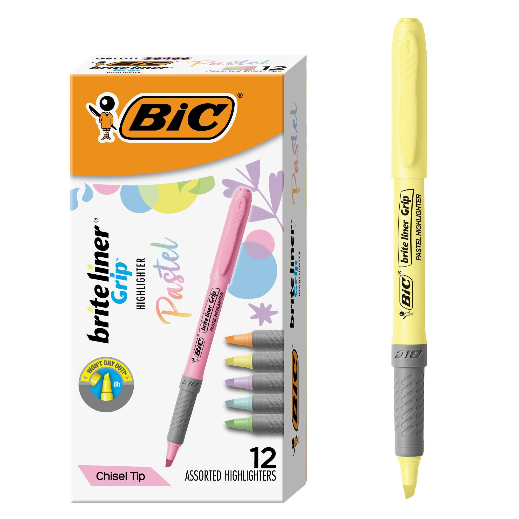 Photo 1 of BIC Brite Liner Grip Pastel Highlighter Set, Chisel Tip, 12-Count Pack of Pastel Highlighters in Assorted Colors, Cute Highlighters for Bullet Journaling, Note Taking and More