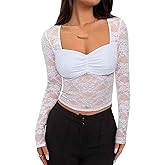 REORIA Womens Sexy Sheer Mesh Tops Floral Lace Long Sleeve Shirts Low Cut Slim Fitted Outfits See Through Going Out Blouses