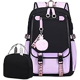 Bevalsa Backpack with Lunch Bag Bookbag Set for Girls Kids Middle High School College Student 21L Casual Daypack Children Schoolbag Bookbag with USB Charging Port (Purple)