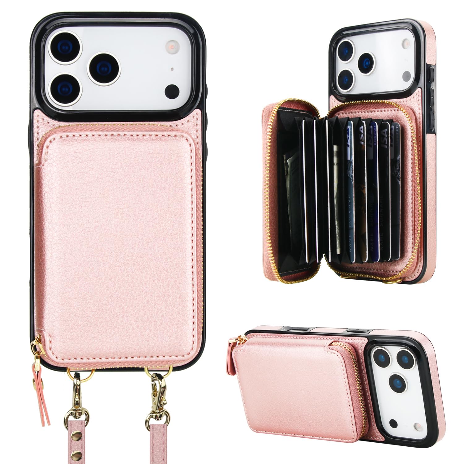 Bocasal Crossbody Wallet Case for iPhone 17 Pro Max, RFID Blocking Leather Purse Case with Card Holder, Protective Handbag Flip Cover with Zipper Wrist Strap Lanyard for Women 5G 6.9 Inch (Rose Gold)