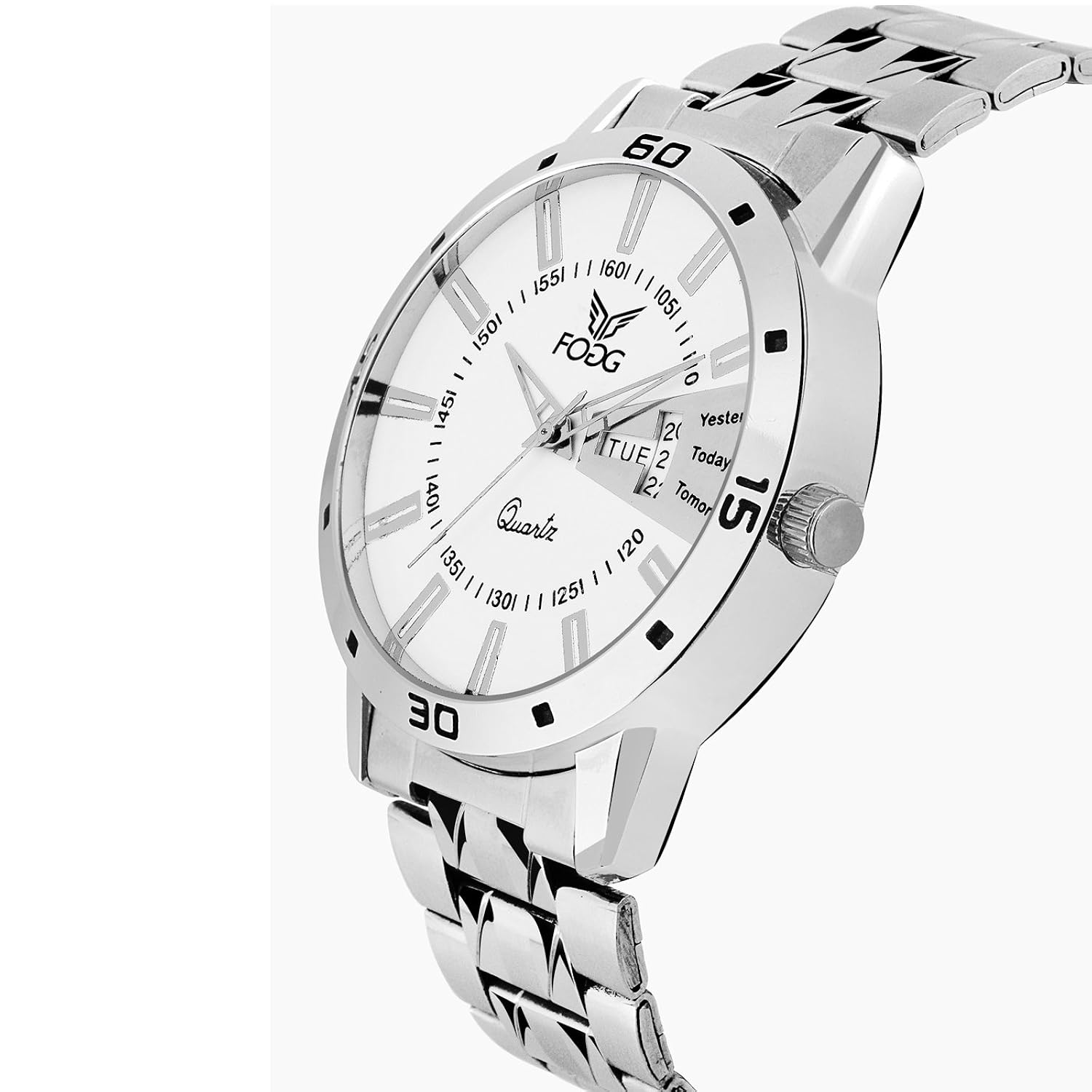 fogg stainless steel day and date white dial analog mens watch (2038-wh)