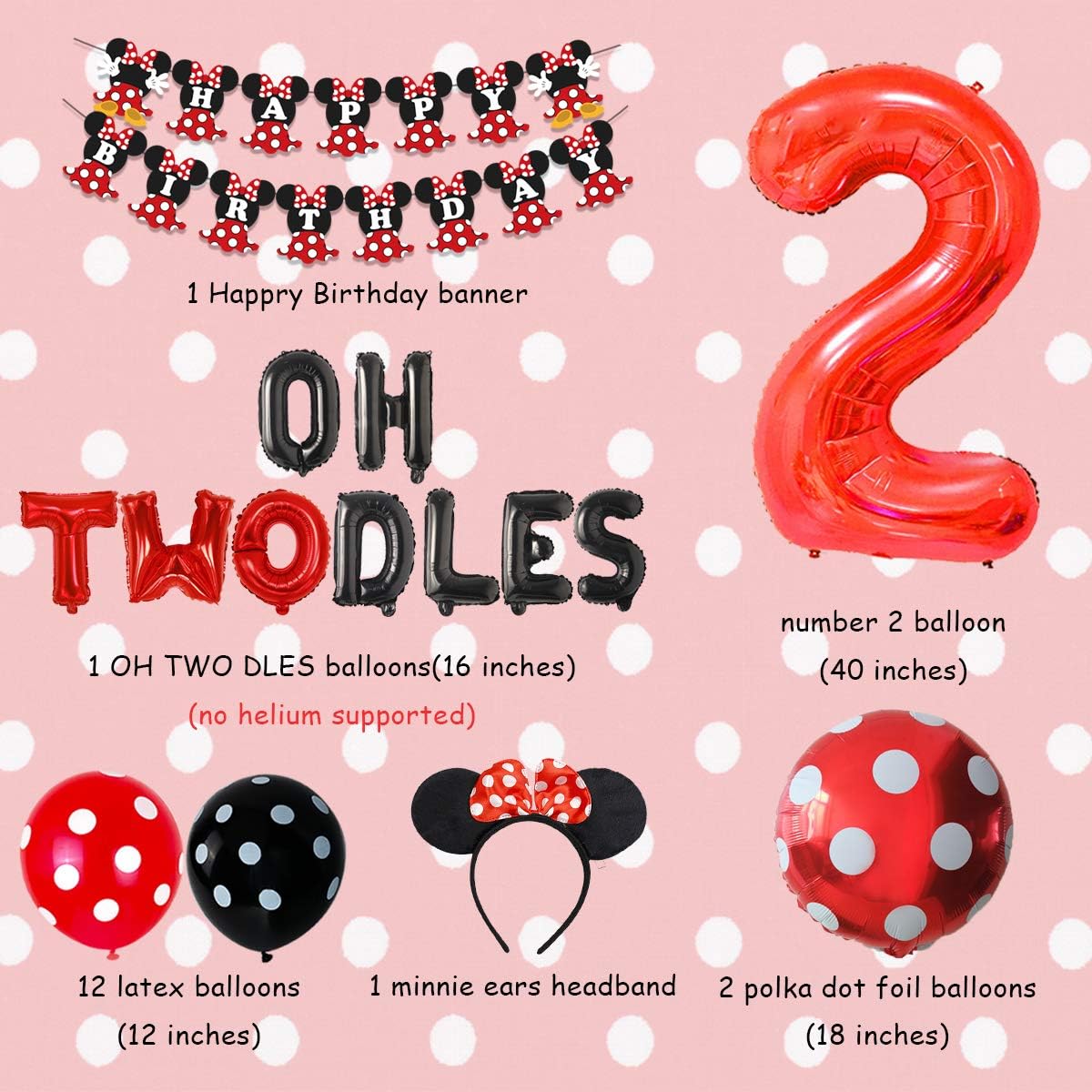 2nd Birthday Decoration Set Themed of Minnie Mouse Red and Black, Oh Twodles Happy Birthday Banner Ear Headband Second Birthday Party for Girl: Toys & Games